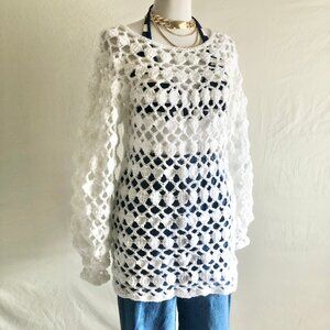 Vintage Handmade Crochet Tunic Sweater White
